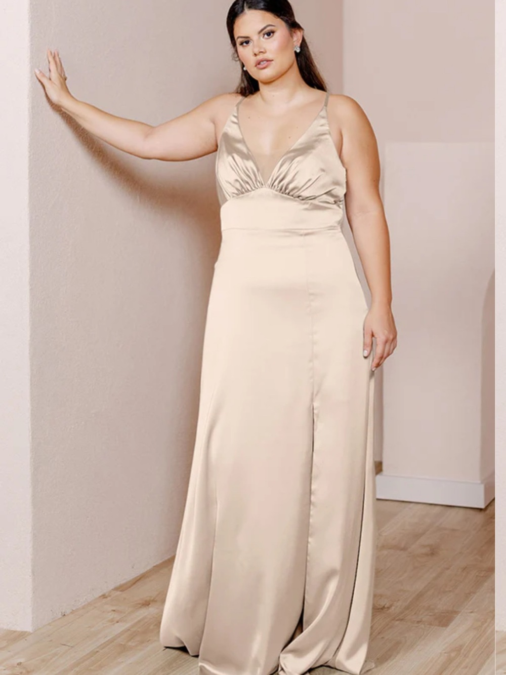 Revelry Satin Champagne V-Neck Gown | Prom and Bridesmaid
